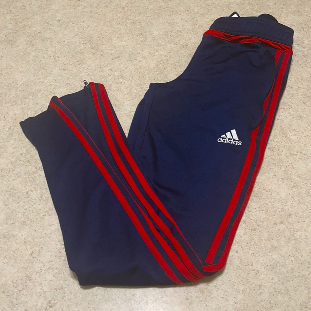 ADIDAS NAVY & RED STRIPED SKINNY LEG TRACK PANTS
